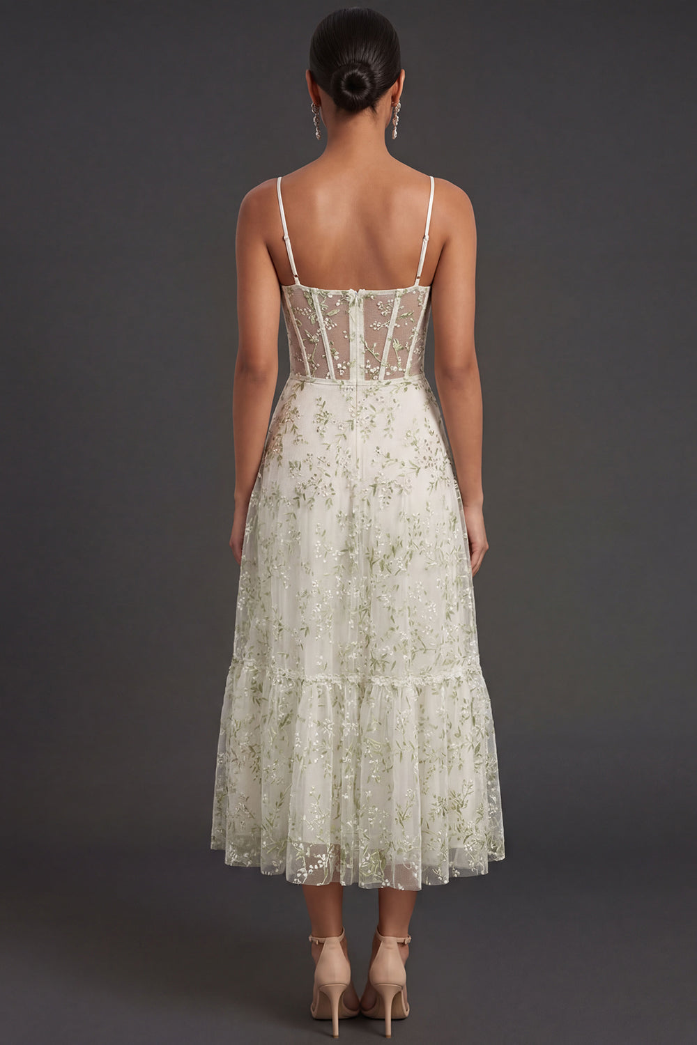 Light Green Floral Corset Spaghetti Straps Long Formal Dress