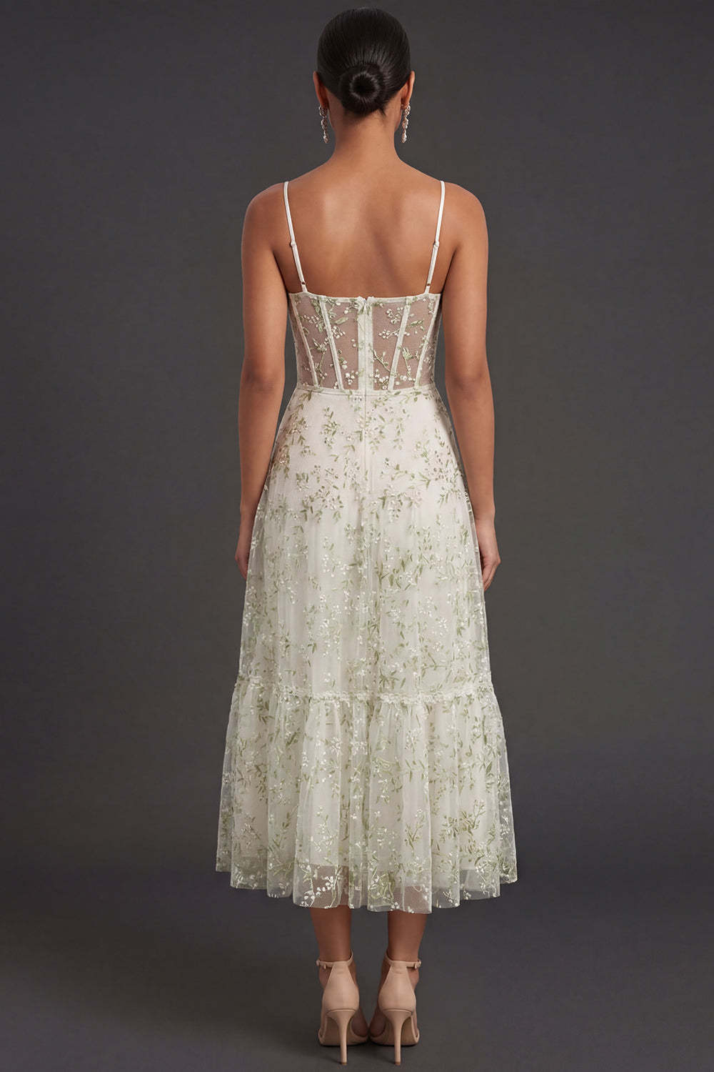 Light Green Floral Corset Spaghetti Straps Long Formal Dress