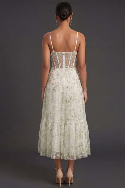 Light Green Floral Corset Spaghetti Straps Long Formal Dress