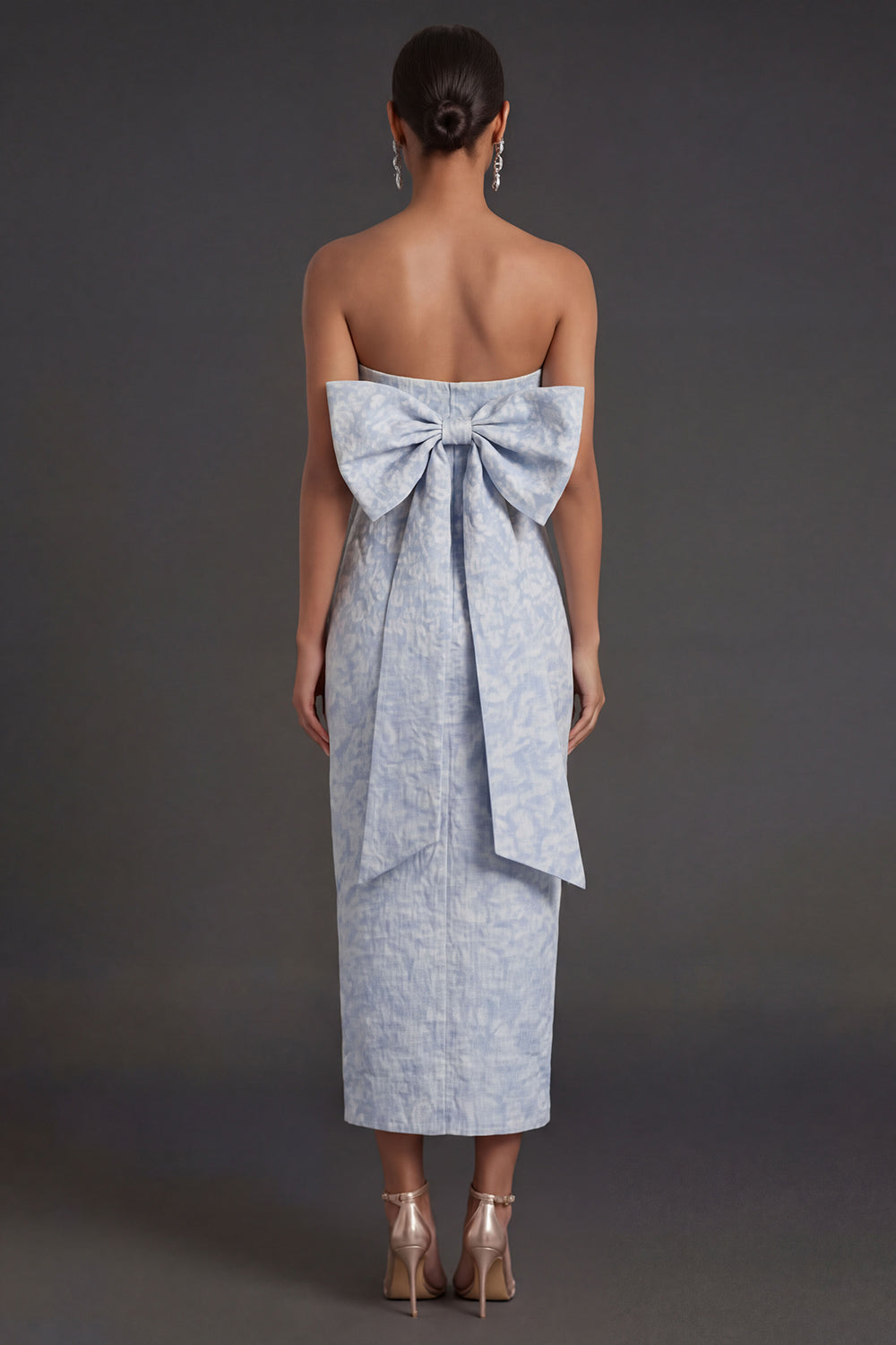 Sheath Blue Jacquard Floral Strapless Long Formal Dress with Slit