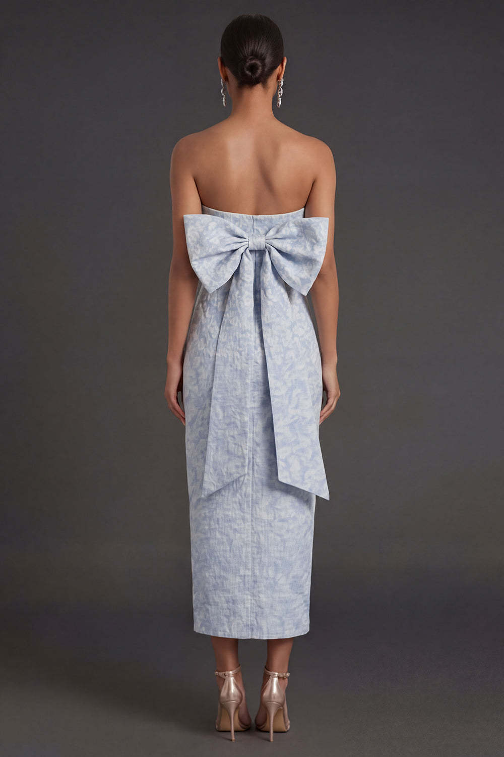 Sheath Blue Jacquard Floral Strapless Long Formal Dress with Slit