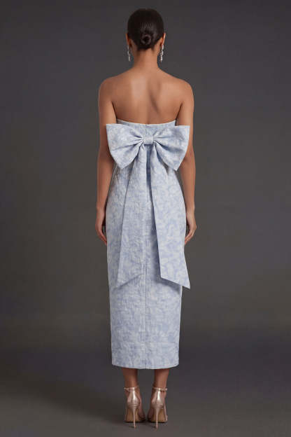 Sheath Blue Jacquard Floral Strapless Long Formal Dress with Slit