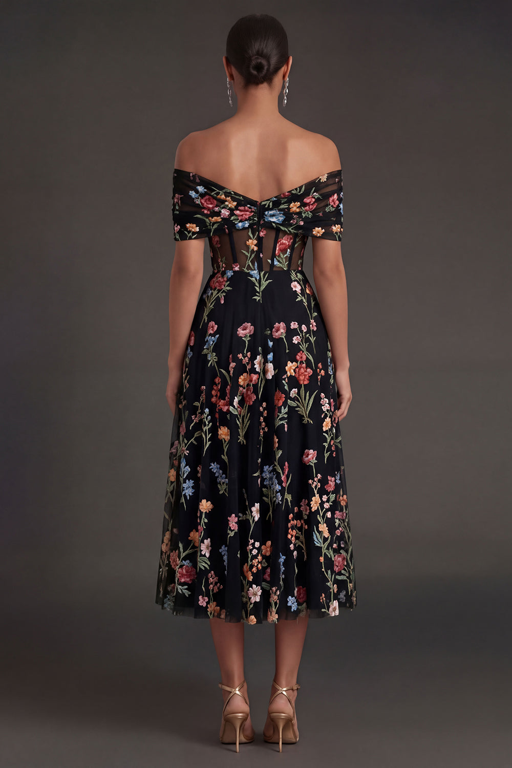 Black Floral A Line Embroidered Off the Shoulder Long Formal Dress