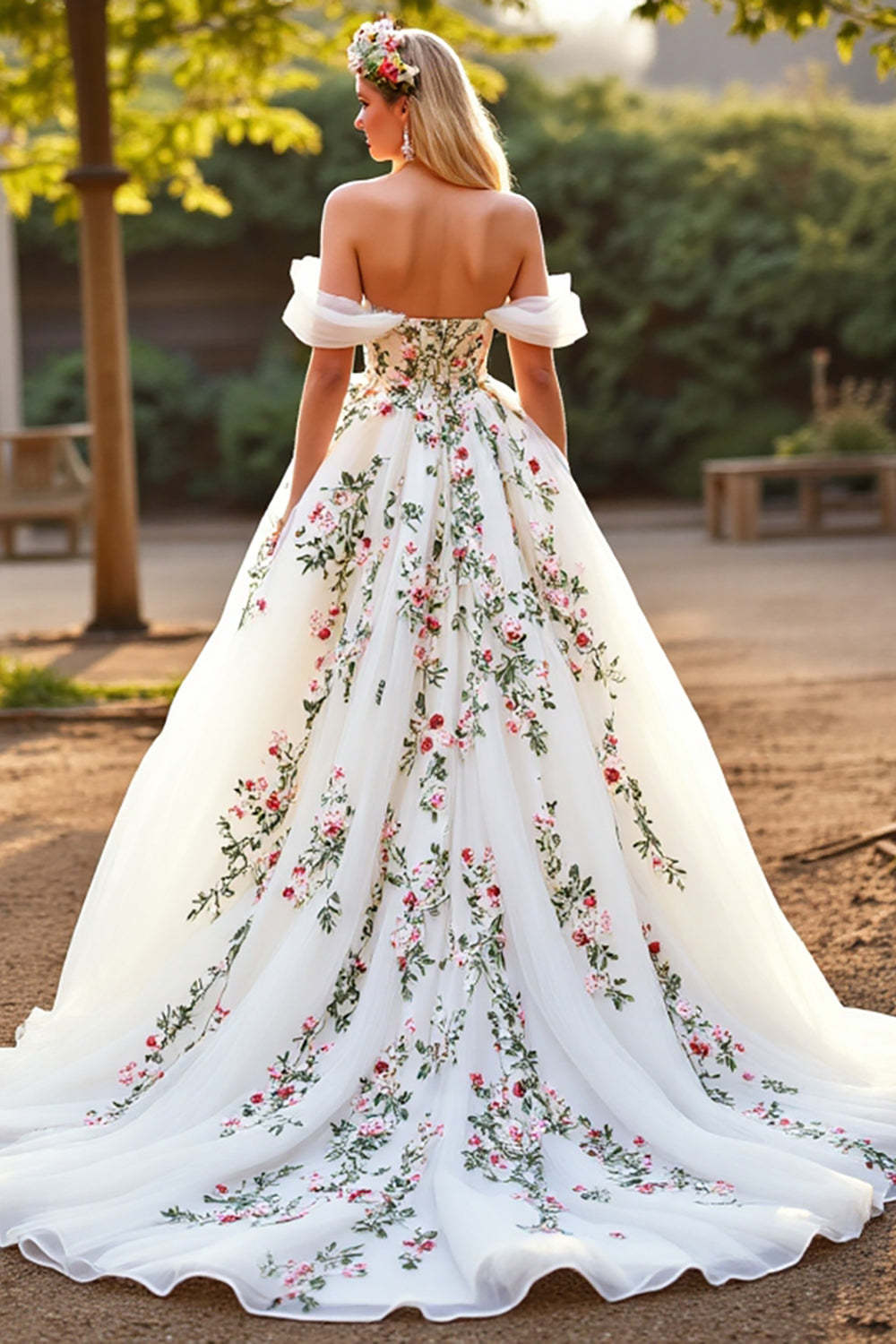 Floral Tulle Ball Gown Sweep Train White Wedding Dress
