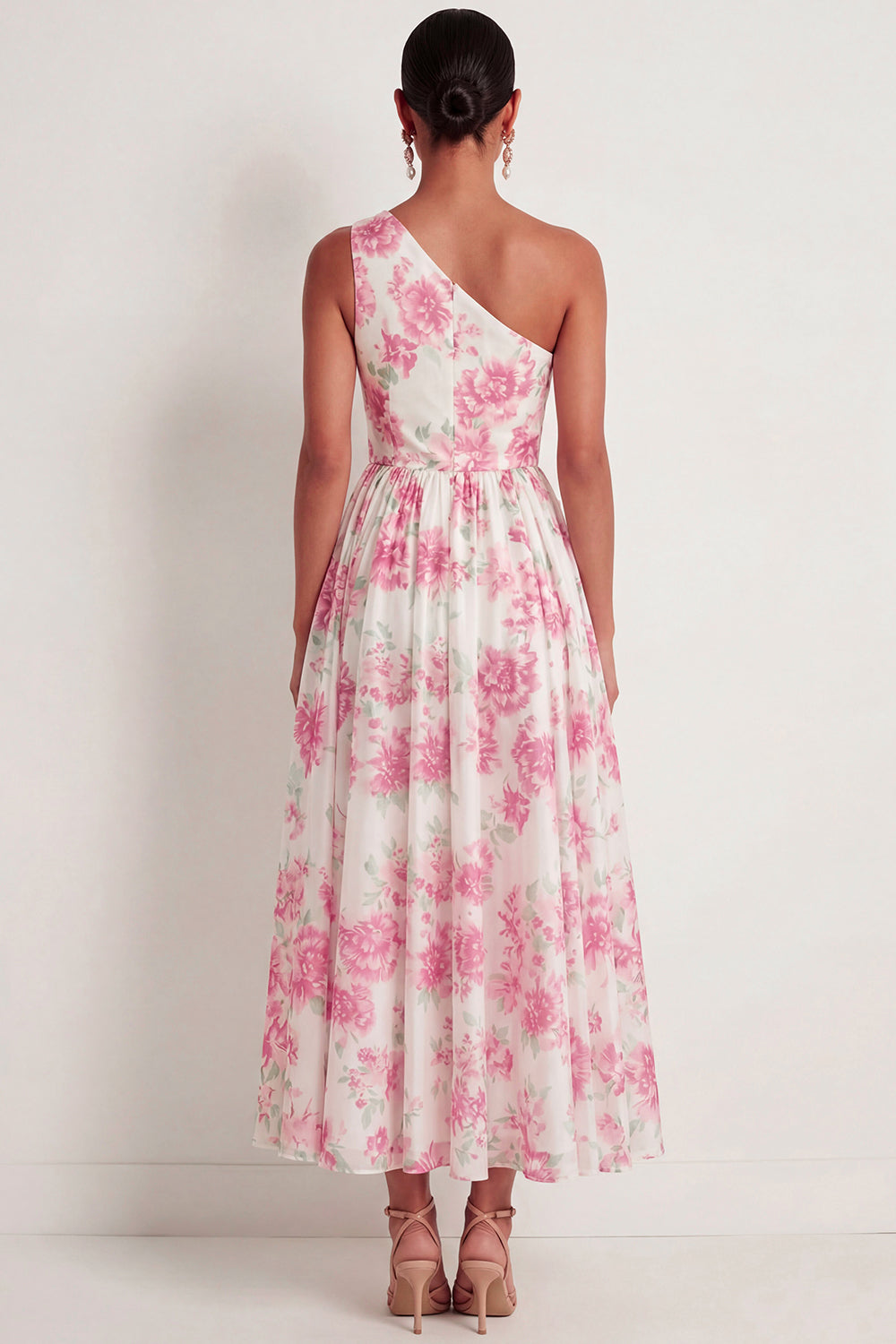 White Fuchsia Floral A Line One Shoulder Long Formal Dress