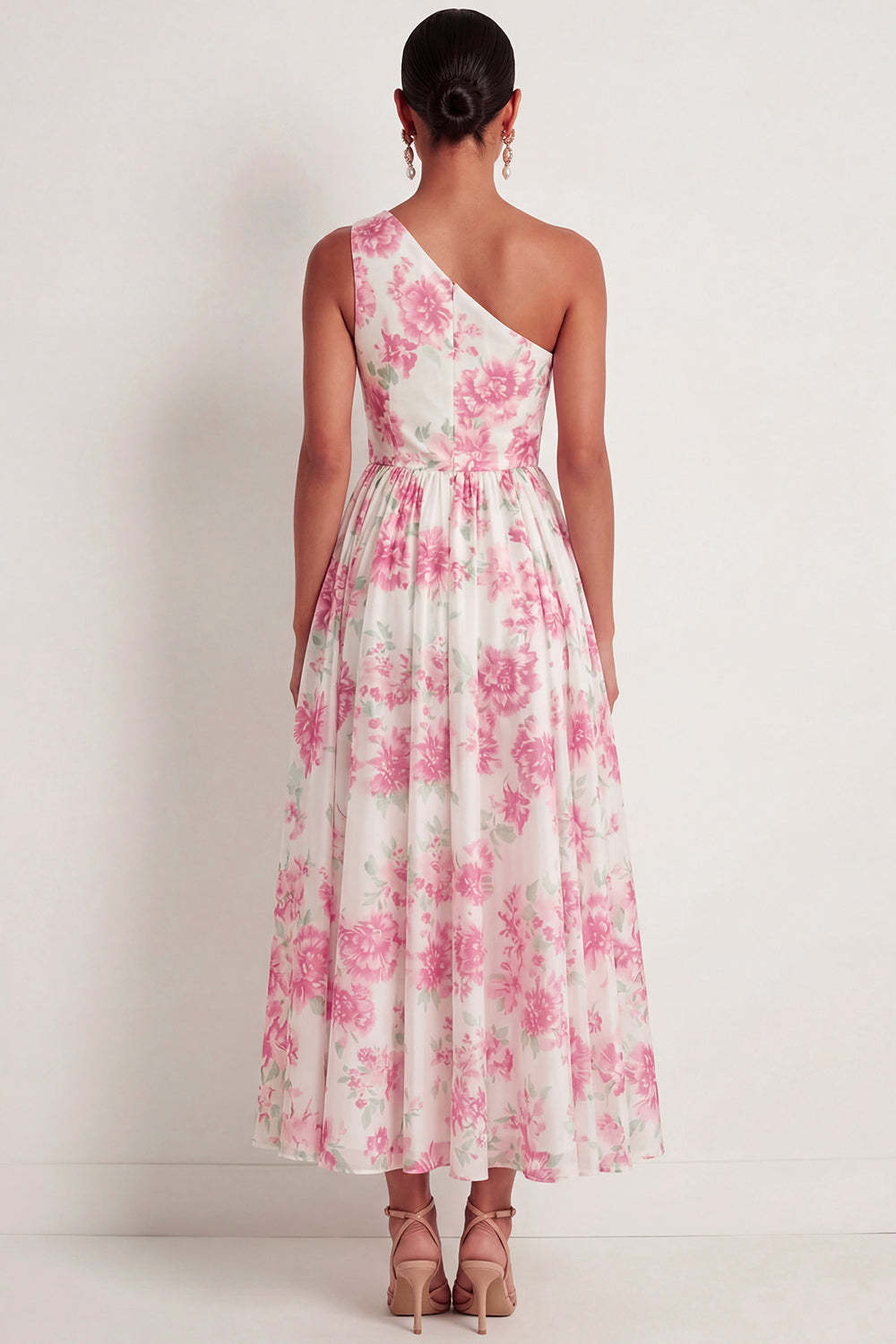 White Fuchsia Floral A Line One Shoulder Long Formal Dress