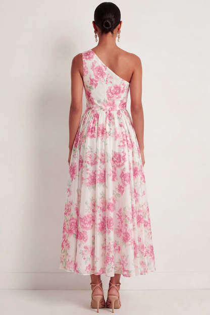 White Fuchsia Floral A Line One Shoulder Long Formal Dress