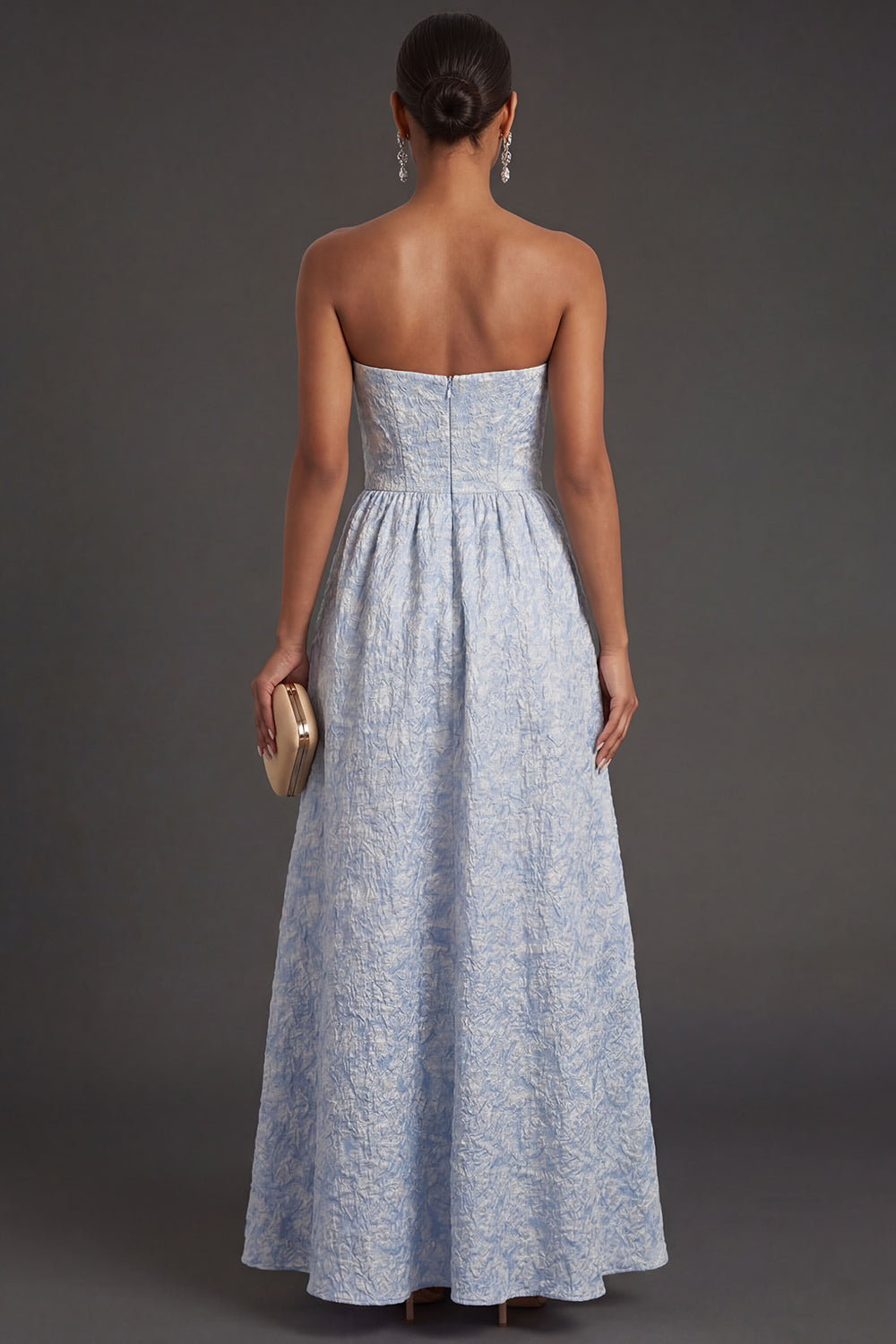 Blue Jacquard A Line Strapless Floral Long Formal Dress