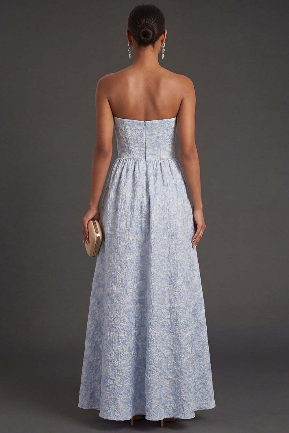 Blue Jacquard A Line Strapless Floral Long Formal Dress