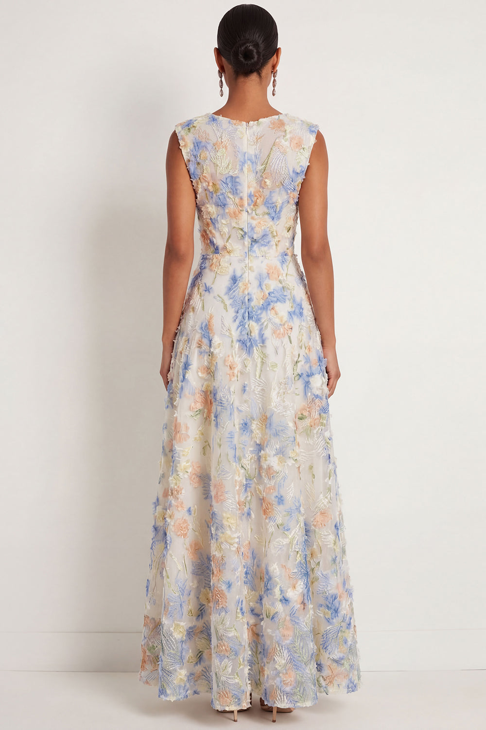 Light Blue A Line Floral Appliqued V Neck Sleeveless Long Wedding Guest Dress