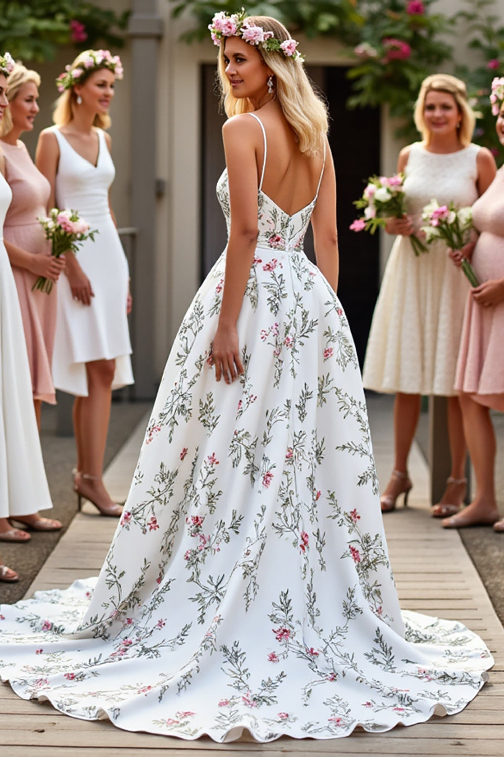 Floral White A Line Satin Sweep Train Wedding Dress