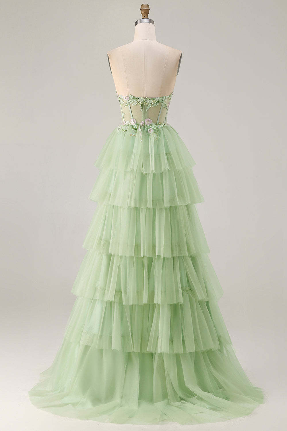 Sparkly Floral Green Tiered Beaded Long Corset Prom Dress with Ruffles