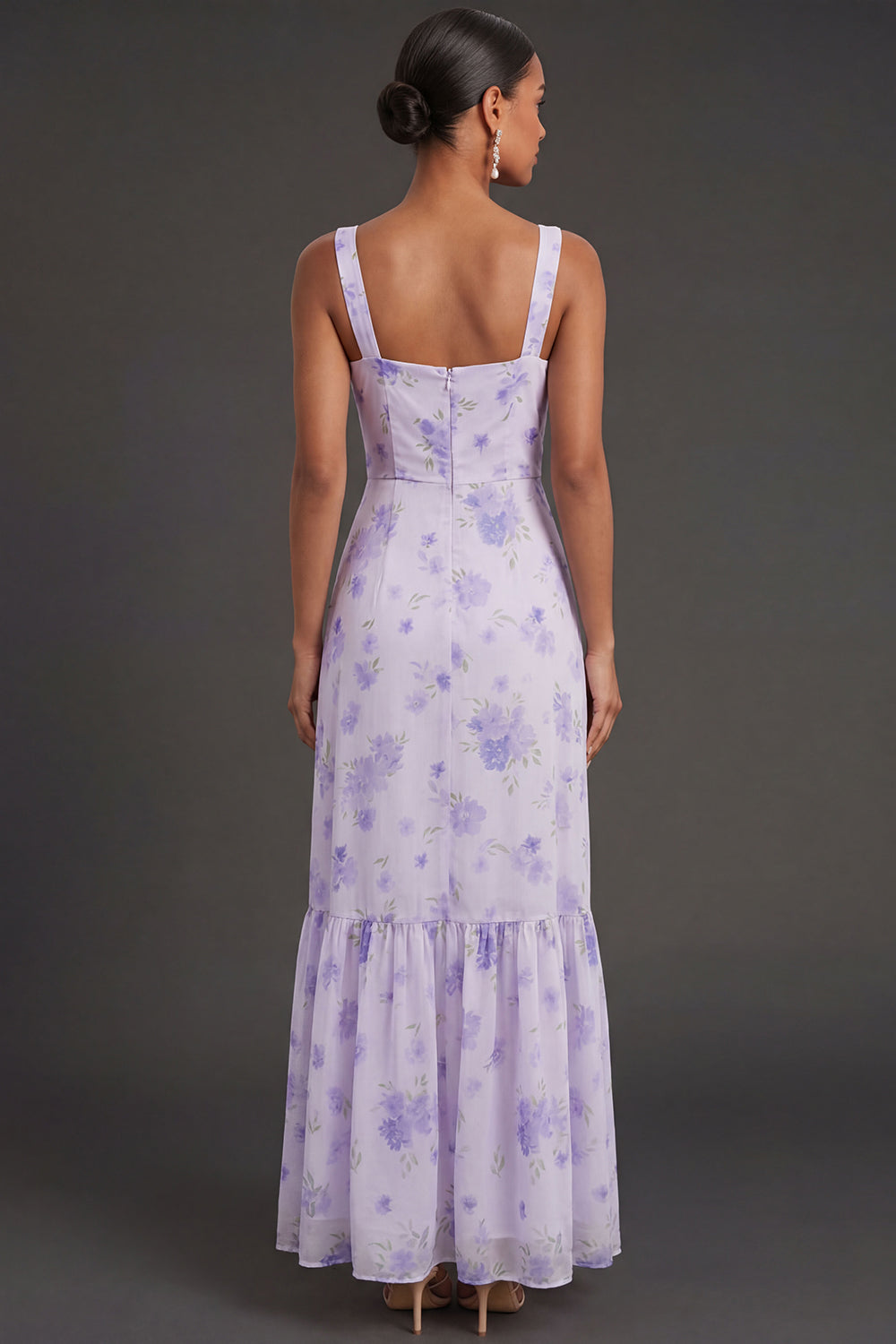 Floral Lilac Thick Straps Sheath Long Formal Dress with Slit