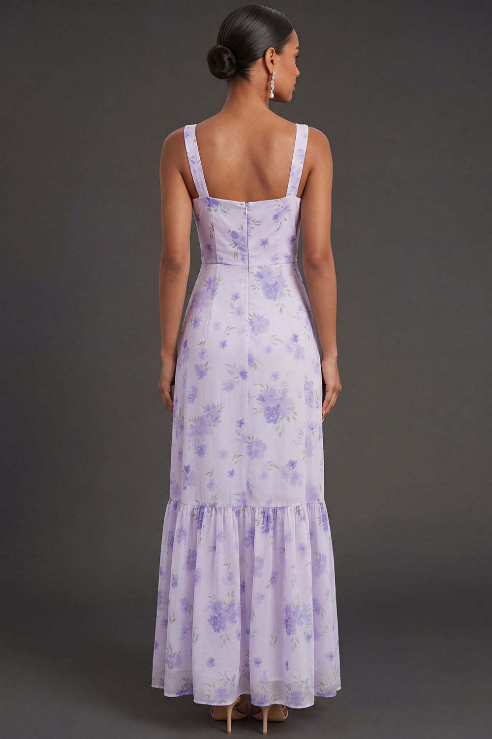 Floral Lilac Thick Straps Sheath Long Formal Dress with Slit