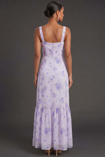 Floral Lilac Thick Straps Sheath Long Formal Dress with Slit