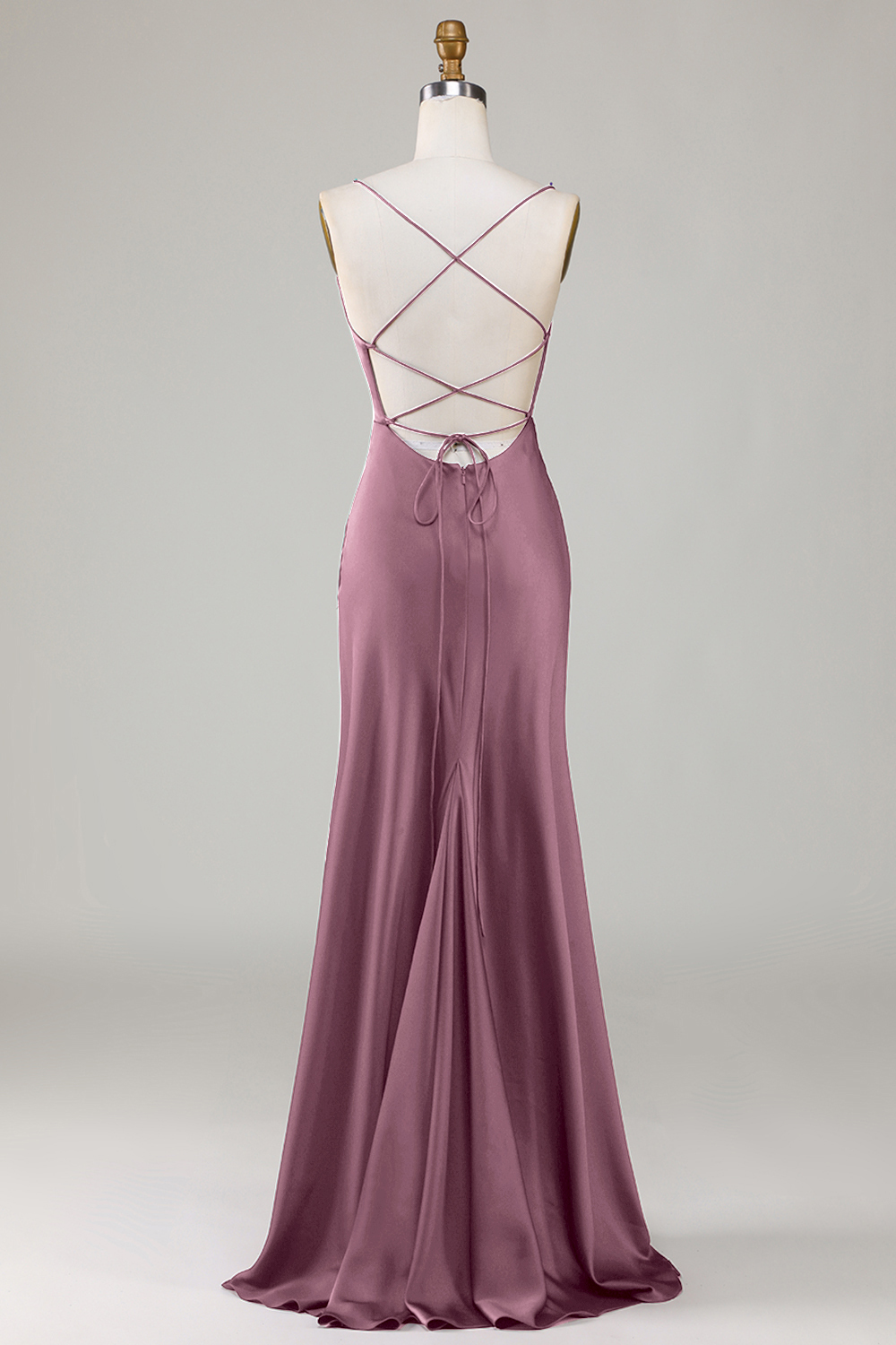 Satin Spaghetti Strap Open Back A-line Bridesmaid Dress with Slit