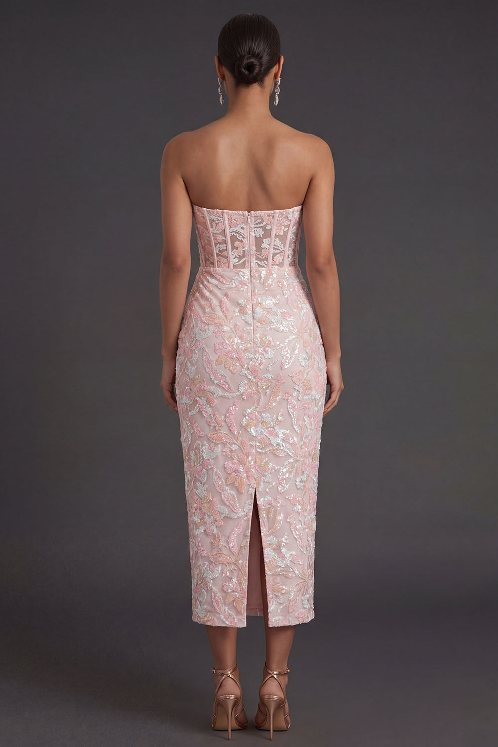 Pink Floral Appliqued Sheath Corset Long Formal Dress