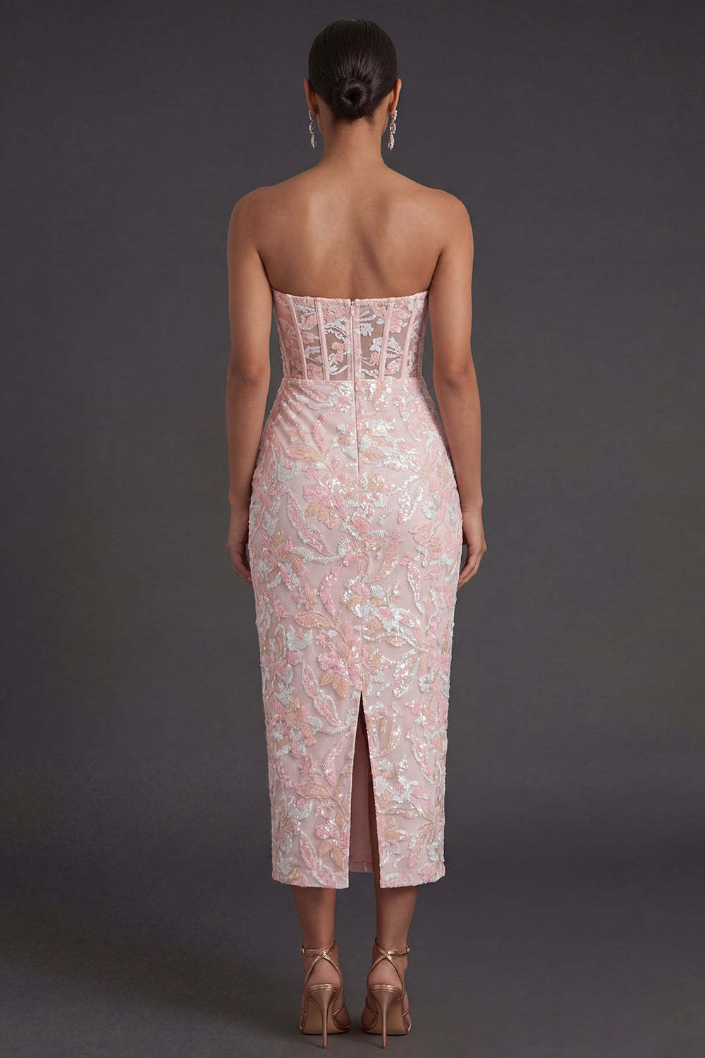 Pink Floral Appliqued Sheath Corset Long Formal Dress