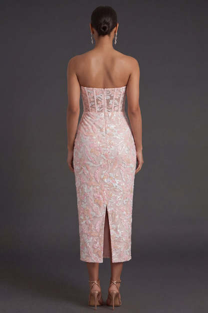Pink Floral Appliqued Sheath Corset Long Formal Dress