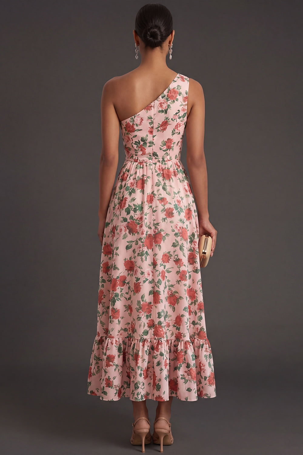 Pink Red Floral One Shoulder A Line Long Formal Dress