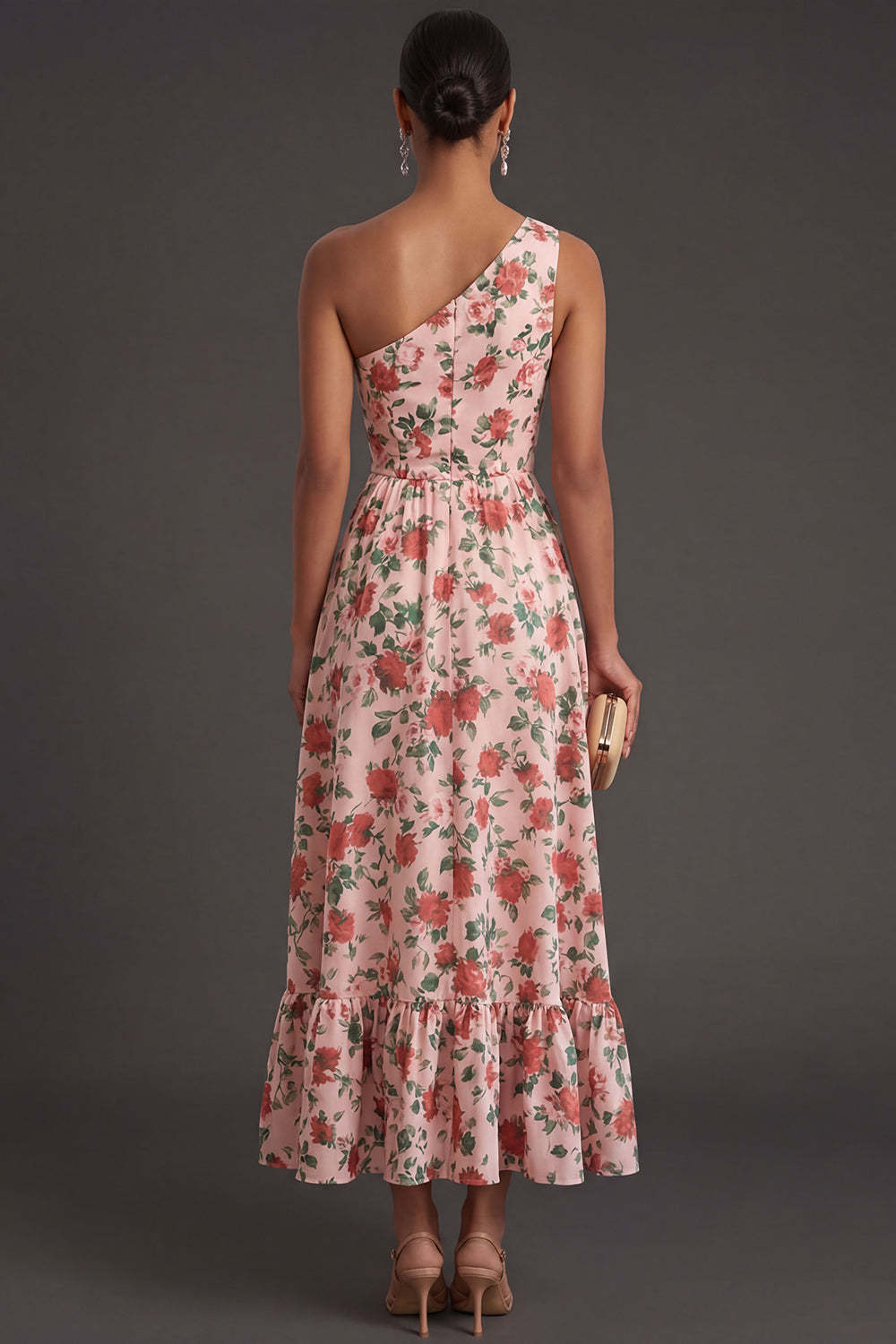 Pink Red Floral One Shoulder A Line Long Formal Dress