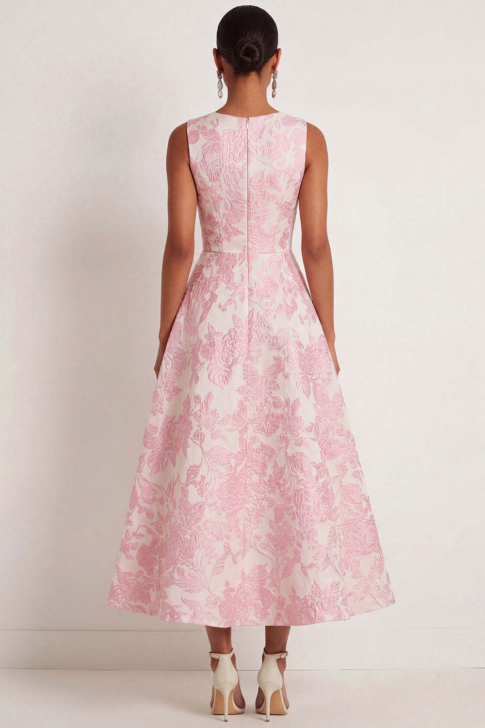 Jacquard A Line Ivory Pink Floral Round Neck Sleeveless Long Formal Dress