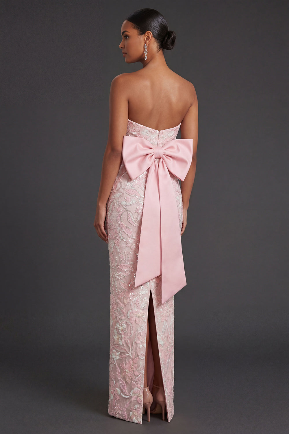 Pink Floral Jacquard Strapless Sheath Appliqued Long Formal Dress