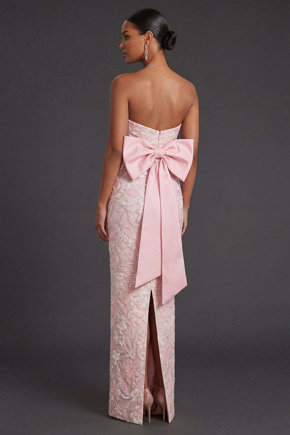 Pink Floral Jacquard Strapless Sheath Appliqued Long Formal Dress