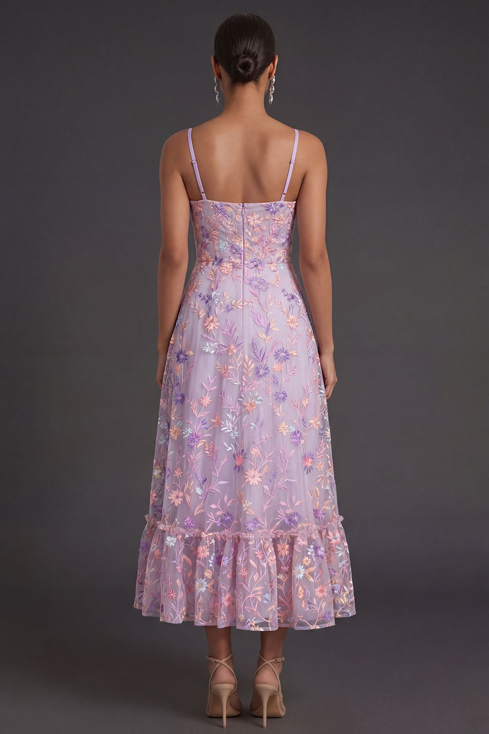 Lilac A Line Spaghetti Straps Embroidered Floral Long Formal Dress