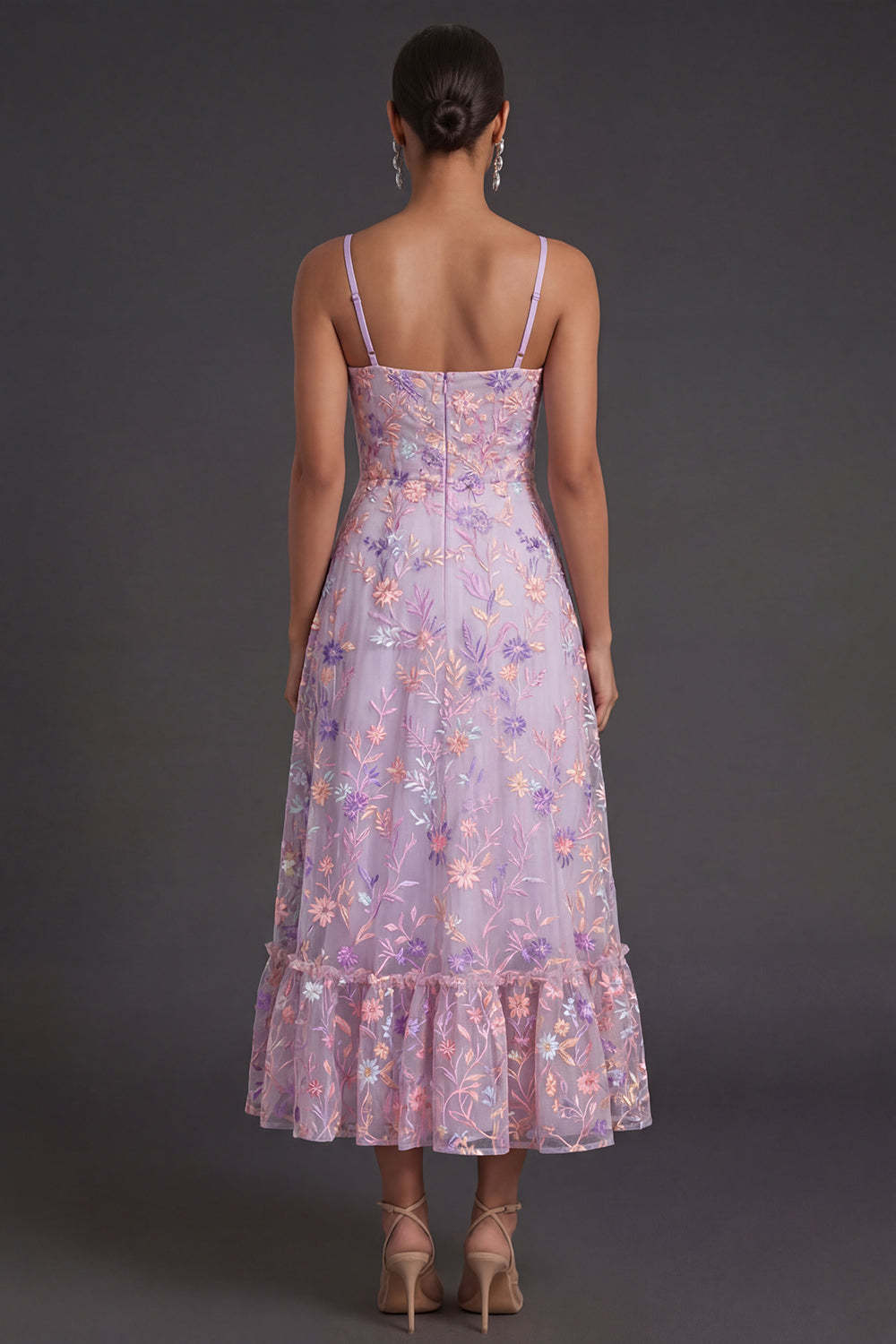Lilac A Line Spaghetti Straps Embroidered Floral Long Formal Dress