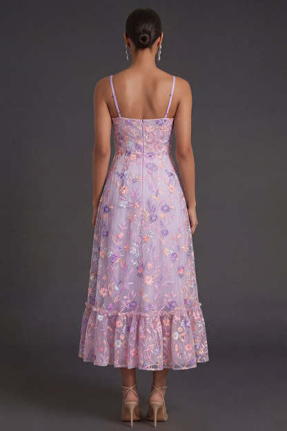 Lilac A Line Spaghetti Straps Embroidered Floral Long Formal Dress