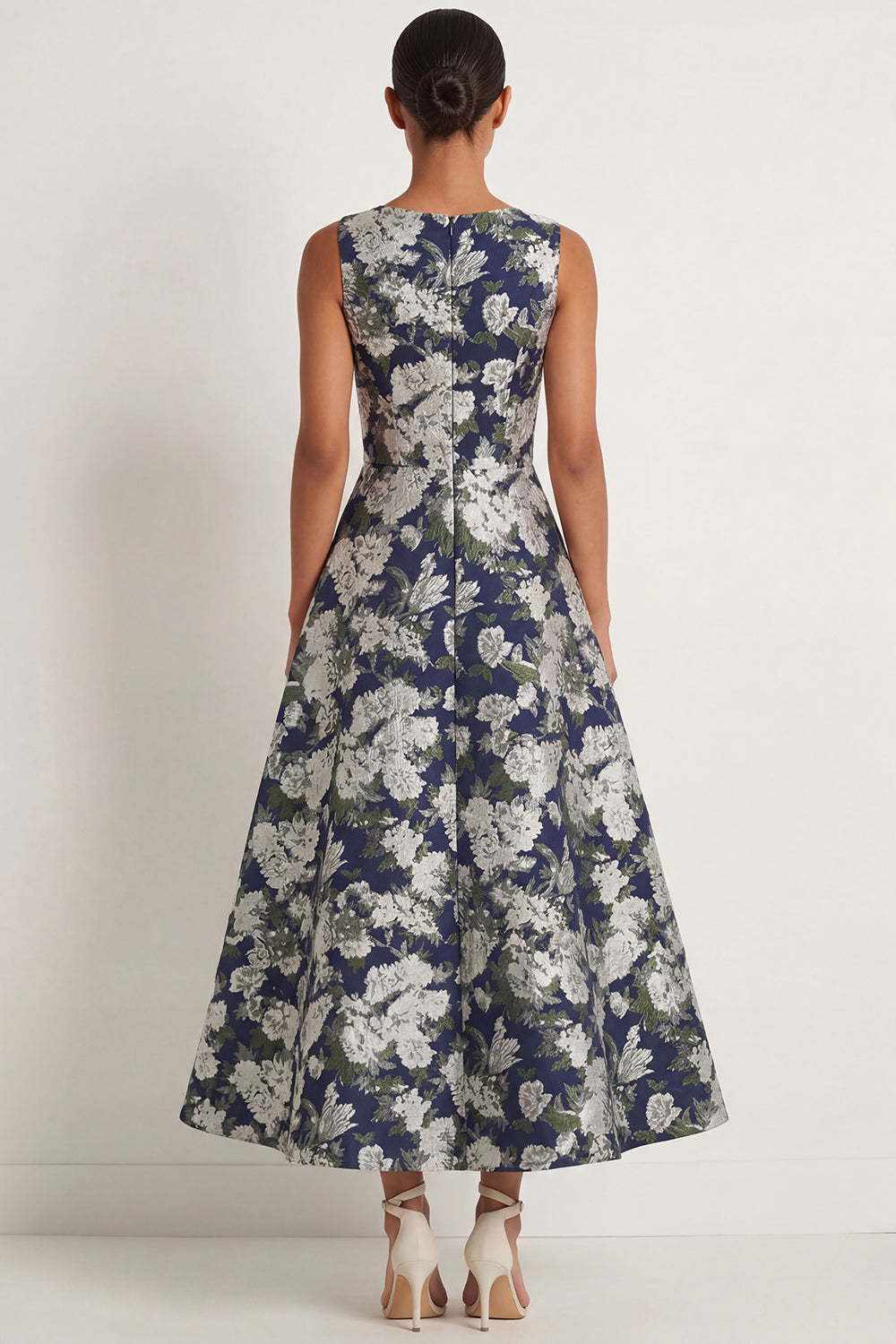 Floral Navy A Line Round Neck Long Formal Dress