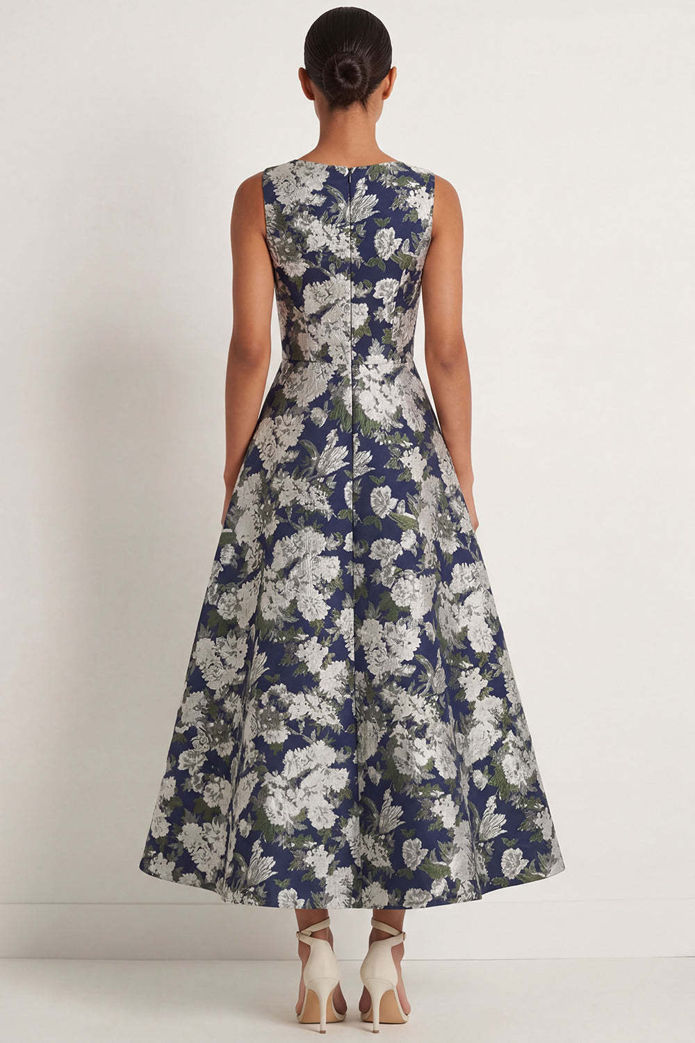 Floral Navy A Line Round Neck Long Formal Dress