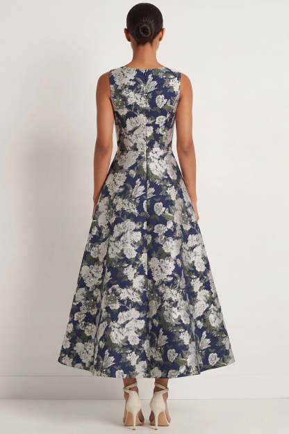 Floral Navy A Line Round Neck Long Formal Dress