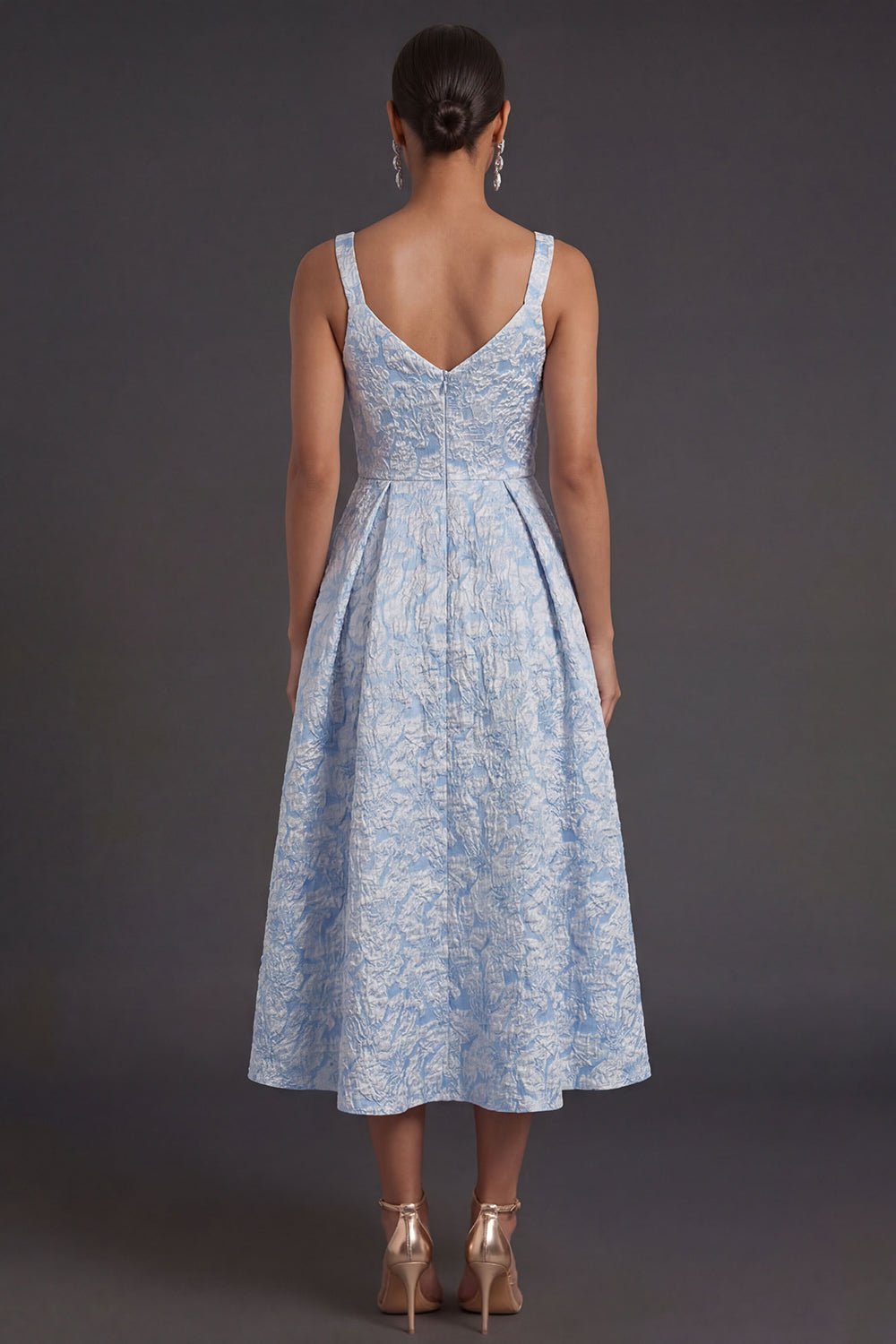 Blue Jacquard Floral Thick Straps A Line Midi Formal Dress