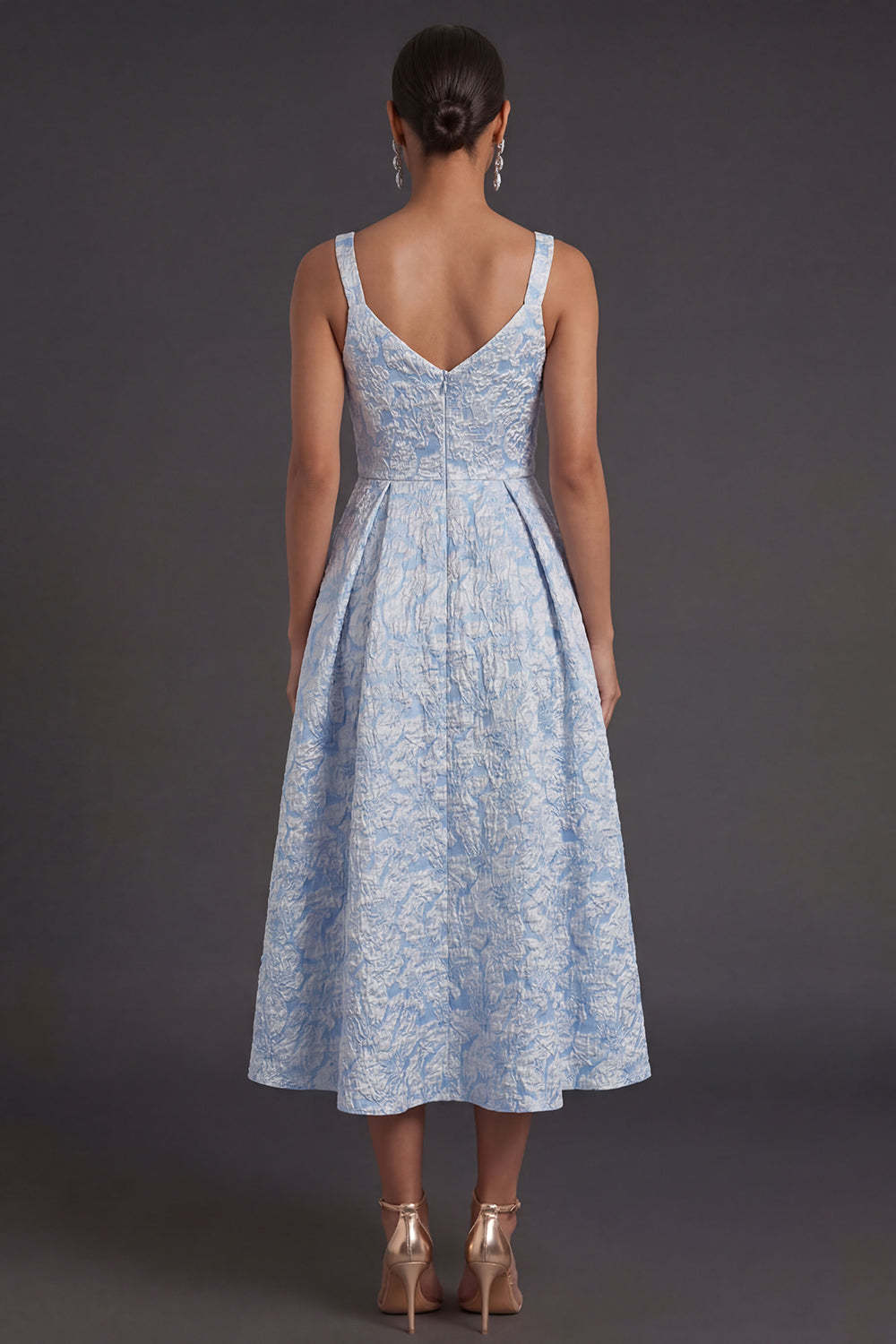 Blue Jacquard Floral Thick Straps A Line Midi Formal Dress