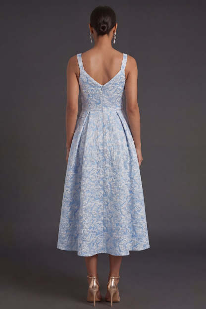 Blue Jacquard Floral Thick Straps A Line Midi Formal Dress