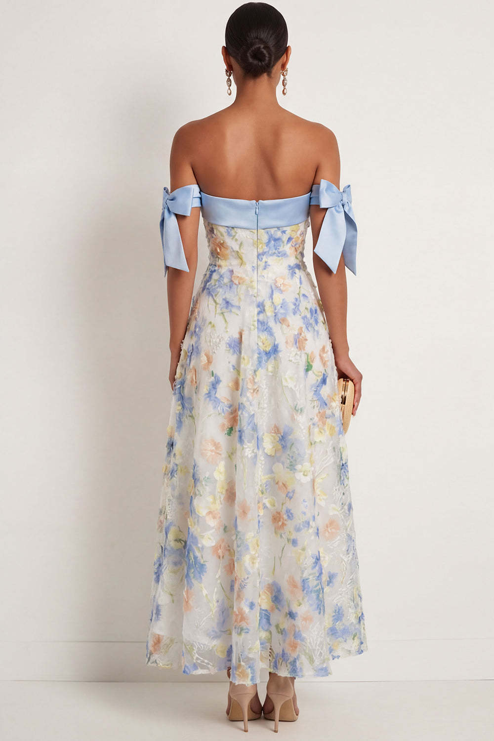 Light Blue A Line Floral Appliqued Off the Shoulder Long Wedding Guest Dress