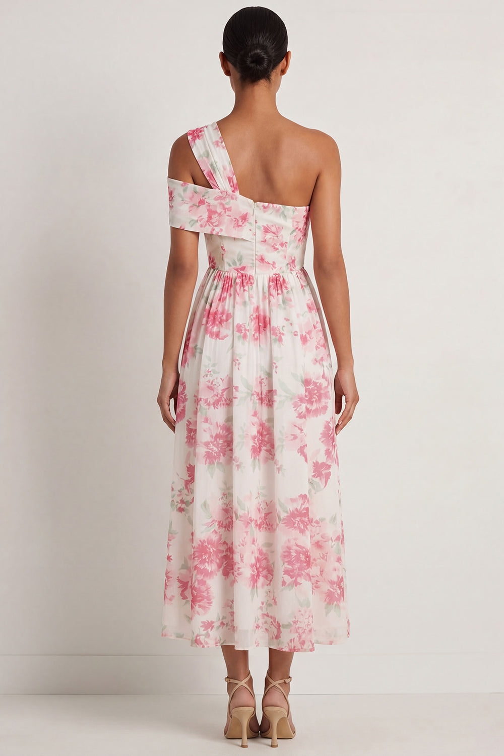 White Fuchsia Floral A Line One Shoulder Long Formal Dress