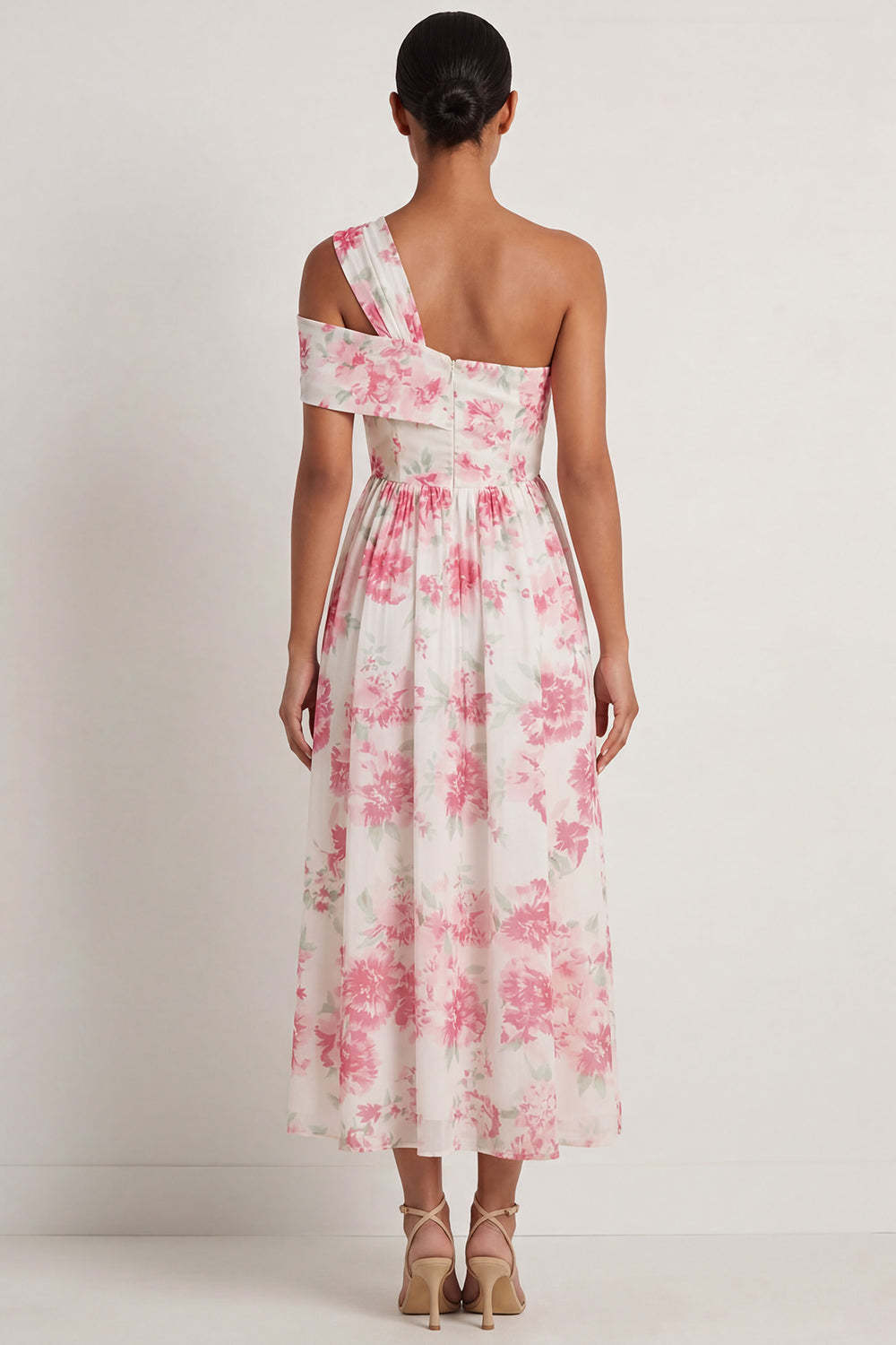 White Fuchsia Floral A Line One Shoulder Long Formal Dress