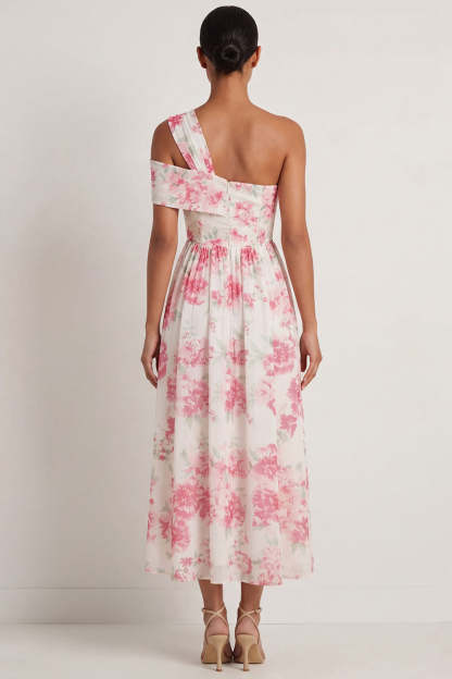 White Fuchsia Floral A Line One Shoulder Long Formal Dress