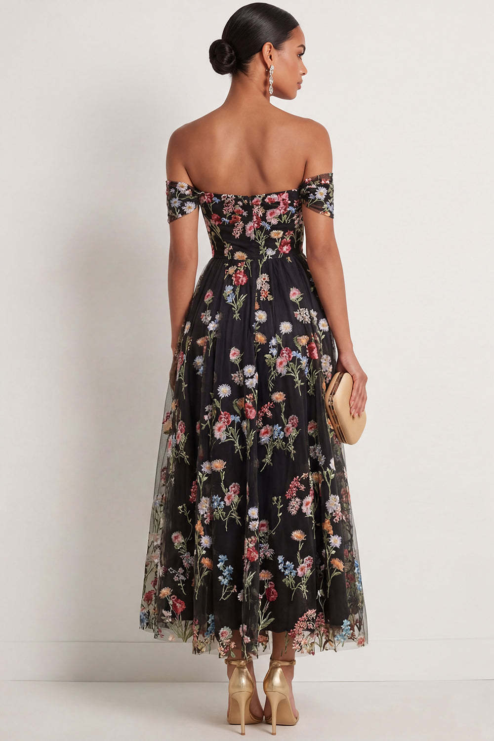 Black Floral A Line Embroidered Off the Shoulder Long Formal Dress