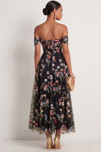 Black Floral A Line Embroidered Off the Shoulder Long Formal Dress