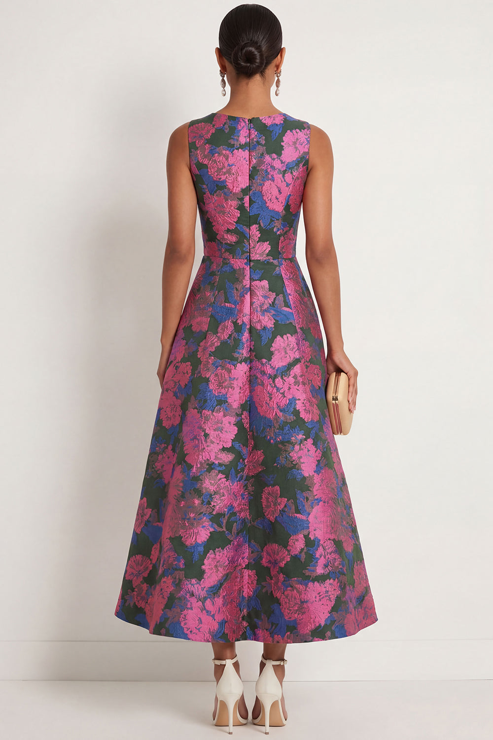 A Line Fuchsia Floral Round Neck Sleeveless Long Formal Dress