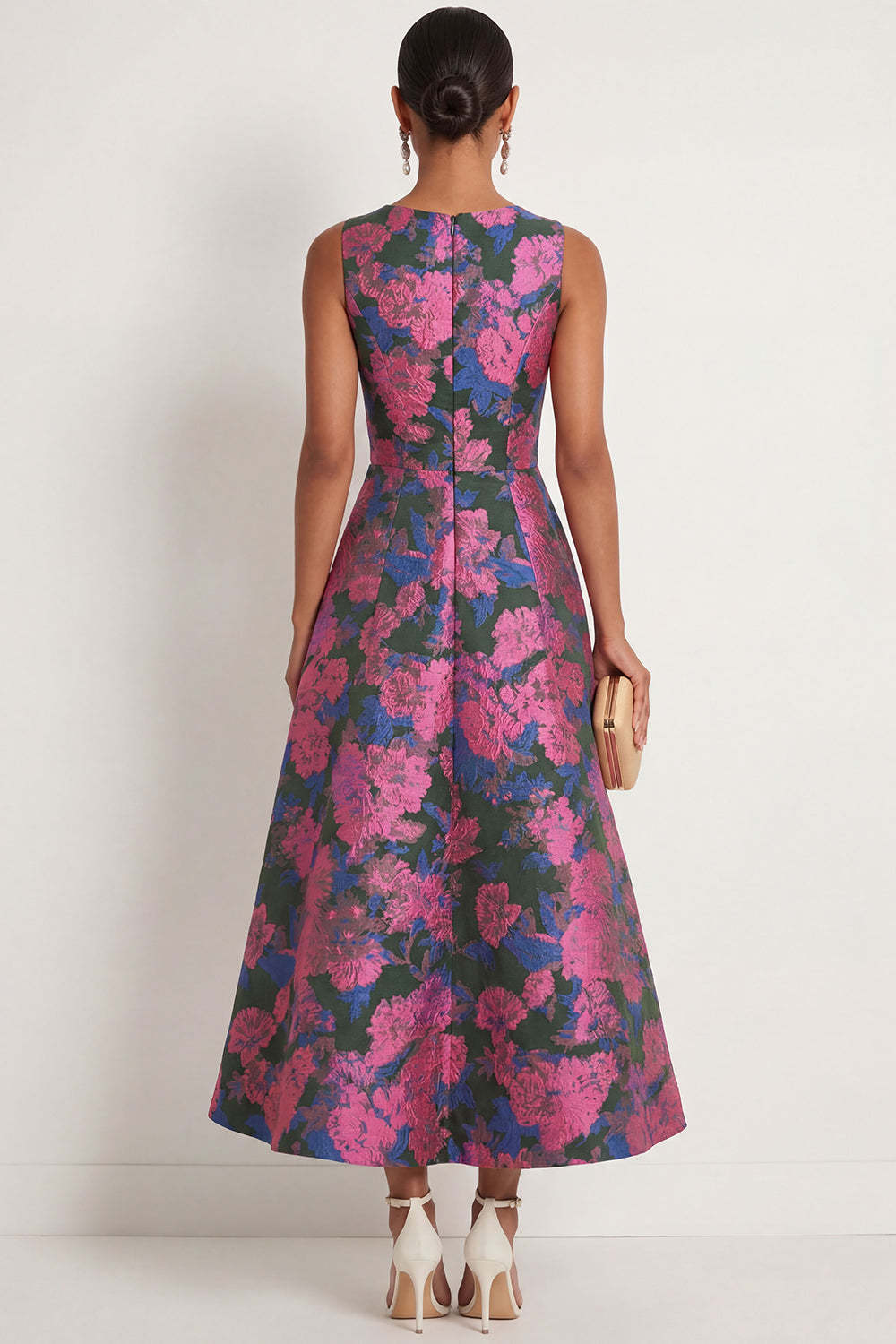 A Line Fuchsia Floral Round Neck Sleeveless Long Formal Dress