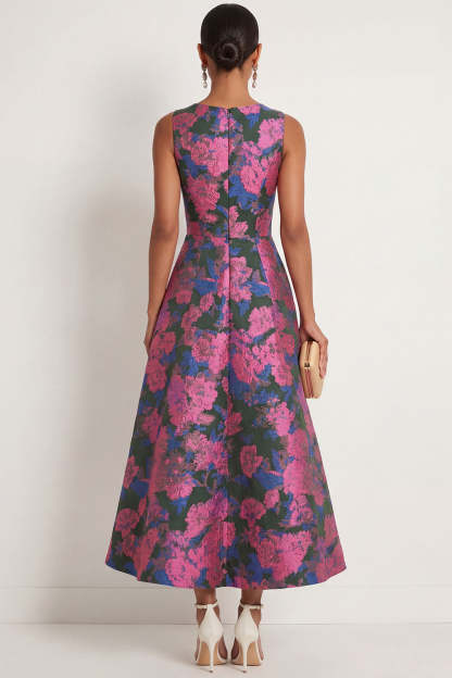 A Line Fuchsia Floral Round Neck Sleeveless Long Formal Dress