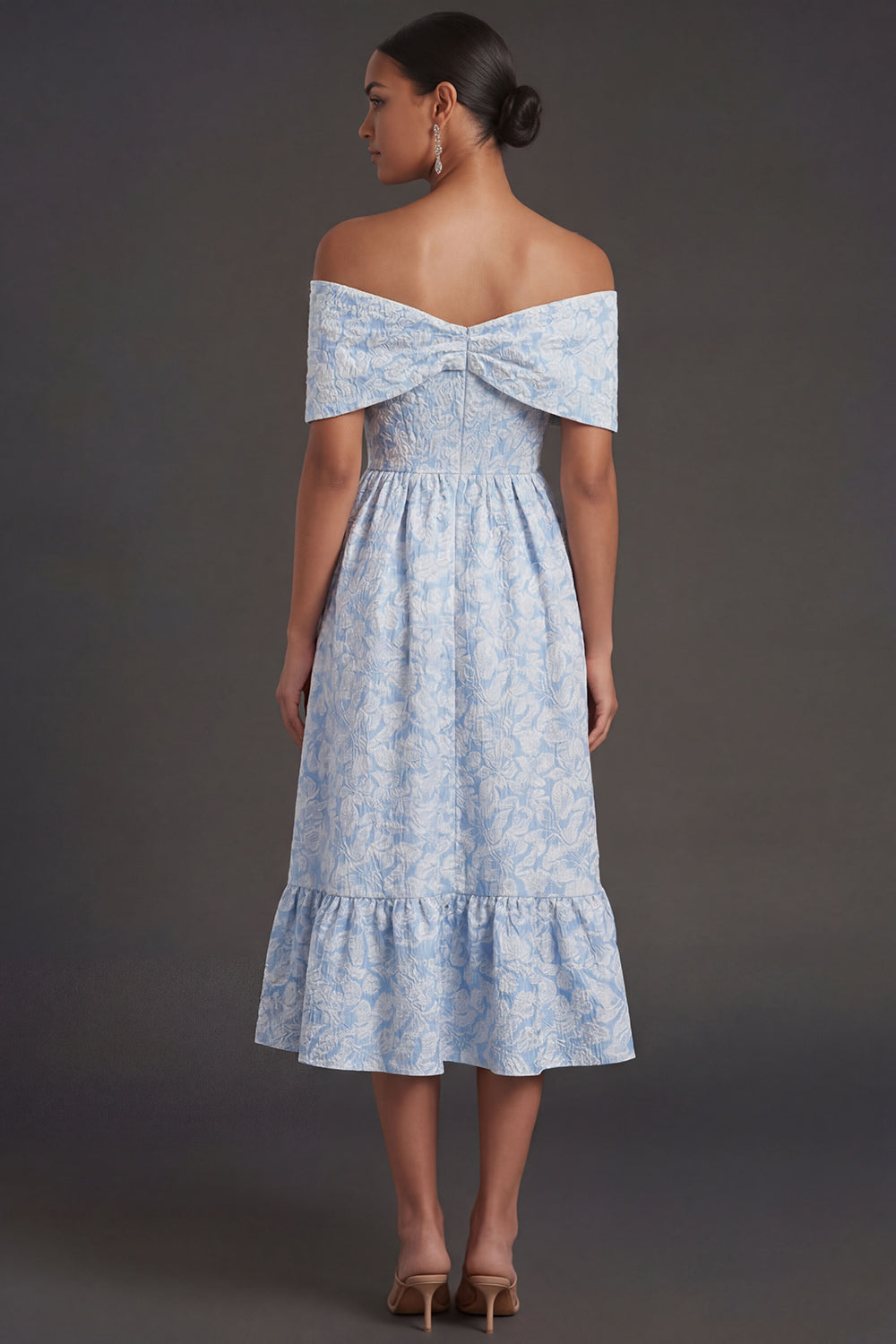 Blue Jacquard A Line Off the Shoulder Floral Long Formal Dress