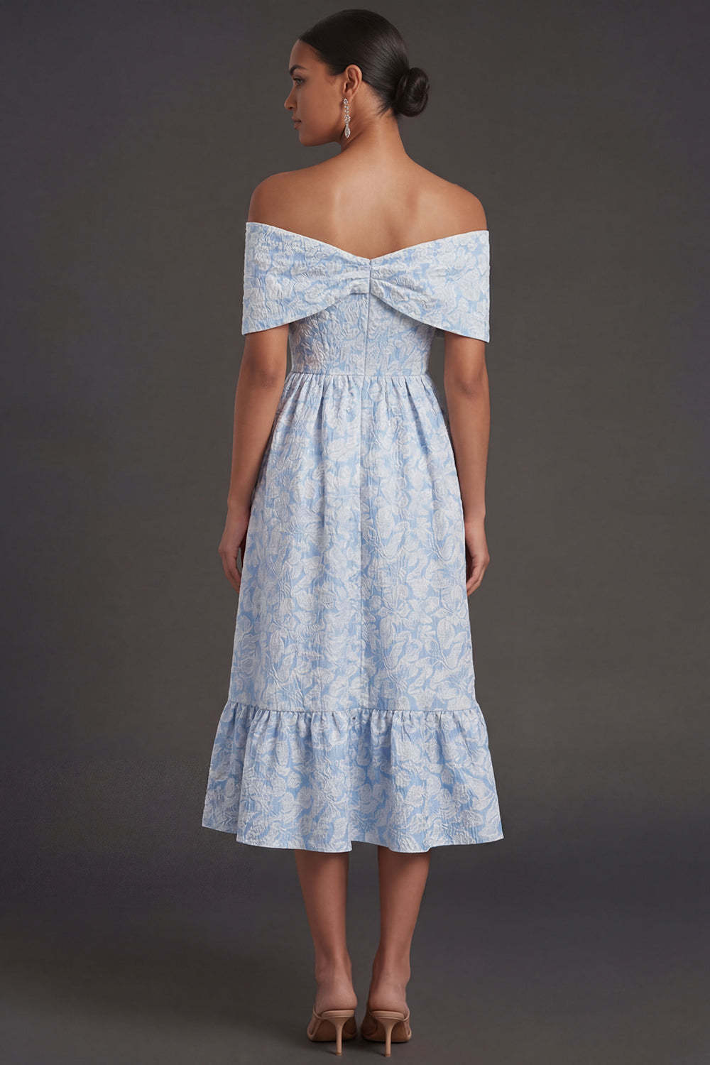 Blue Jacquard A Line Off the Shoulder Floral Long Formal Dress