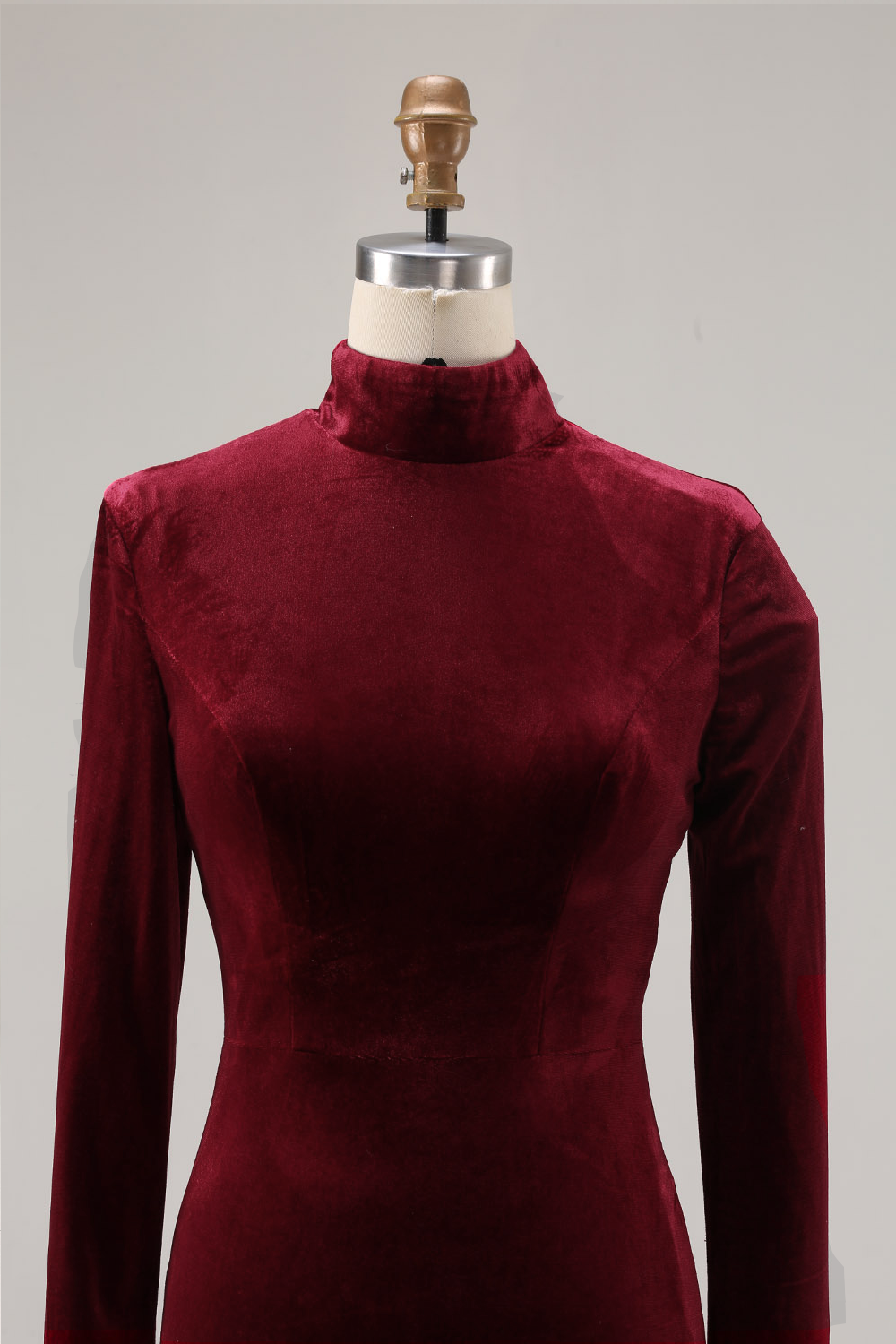 Cabernet High Neck Sweep Train Velvet Mermaid Formal Dress with Sleeves