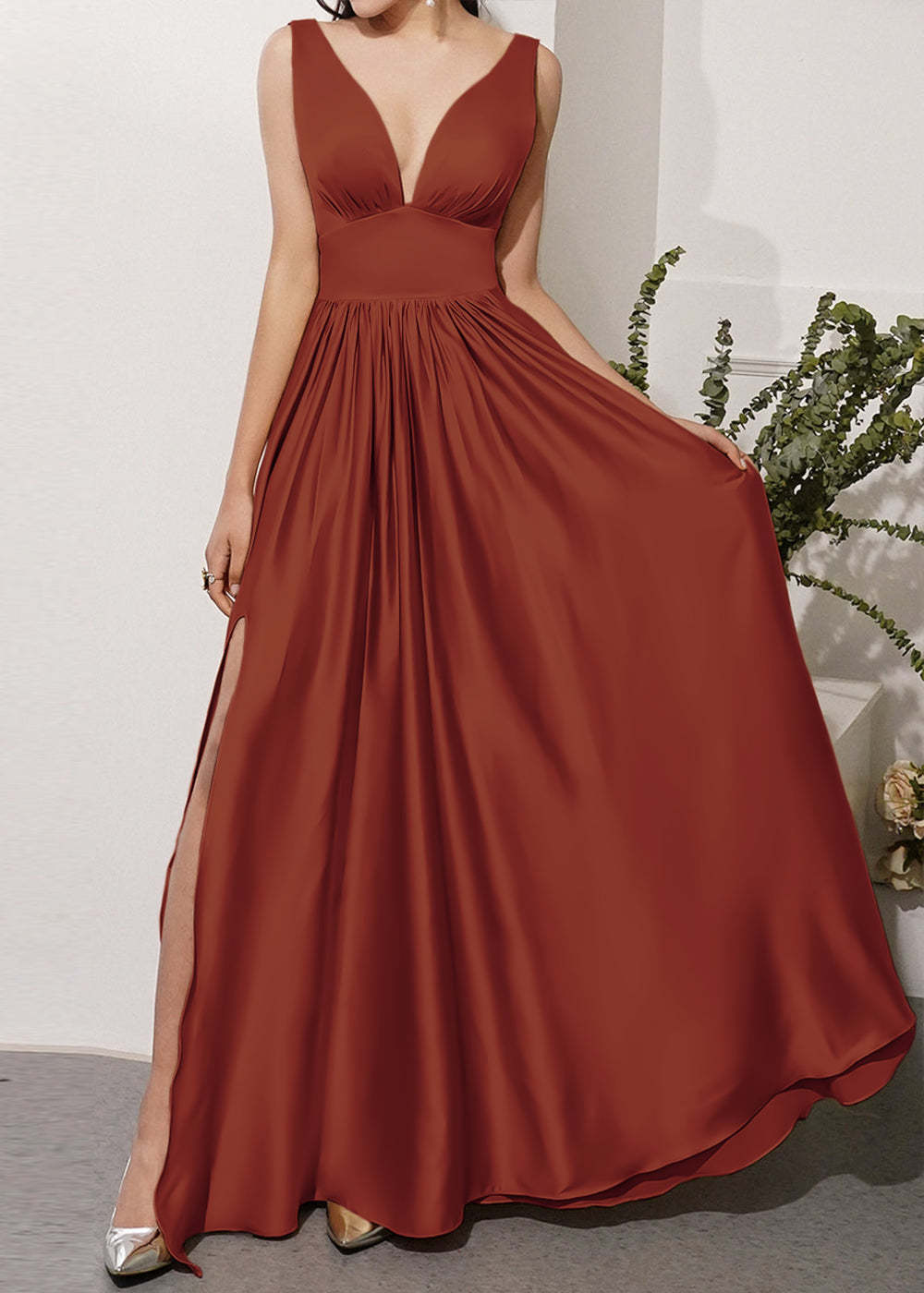 V-neck Long Bridesmaid Dress with Split